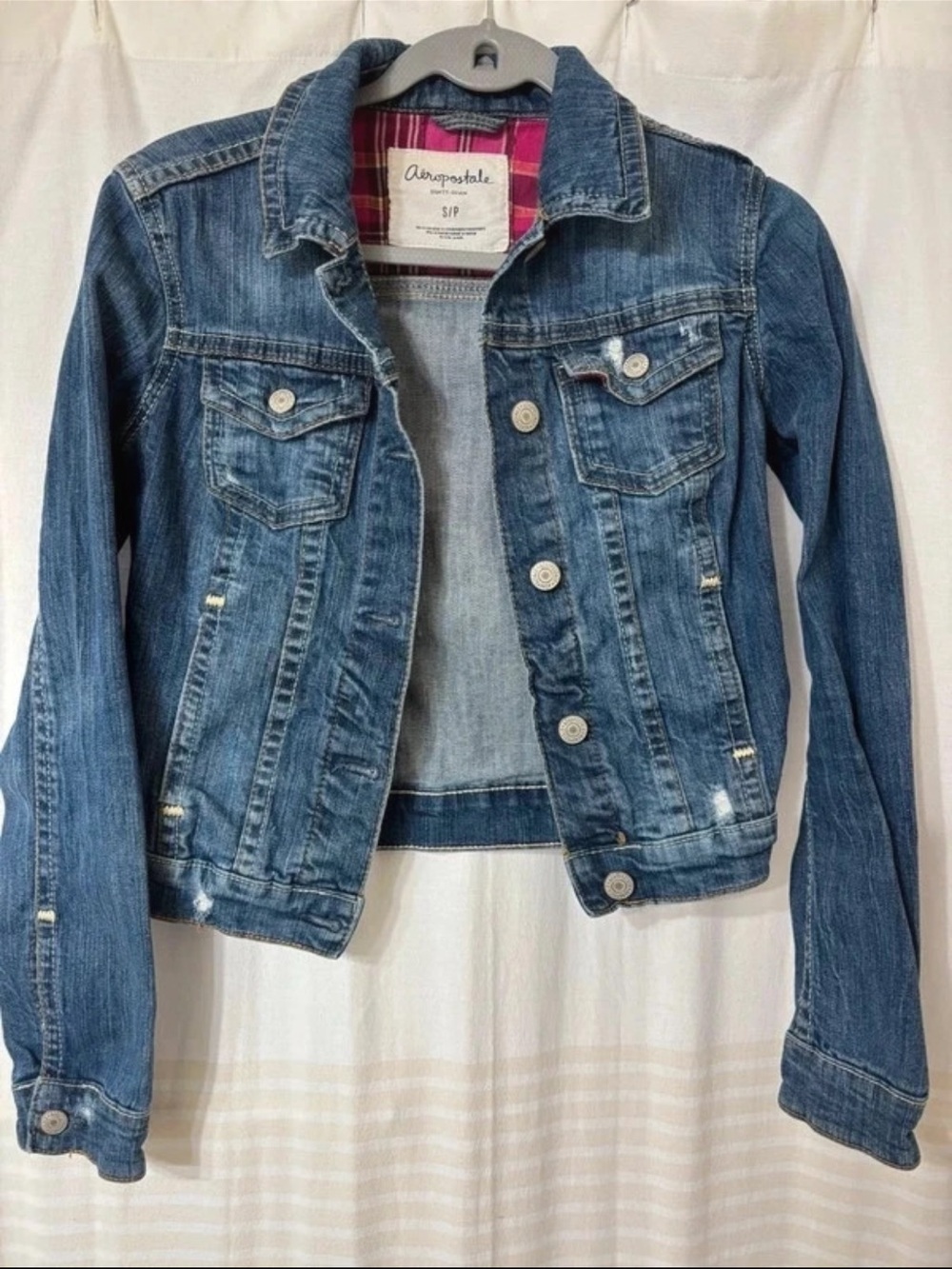 Aeropostale Distressed Blue Denim Jacket with Pink Plaid Lining